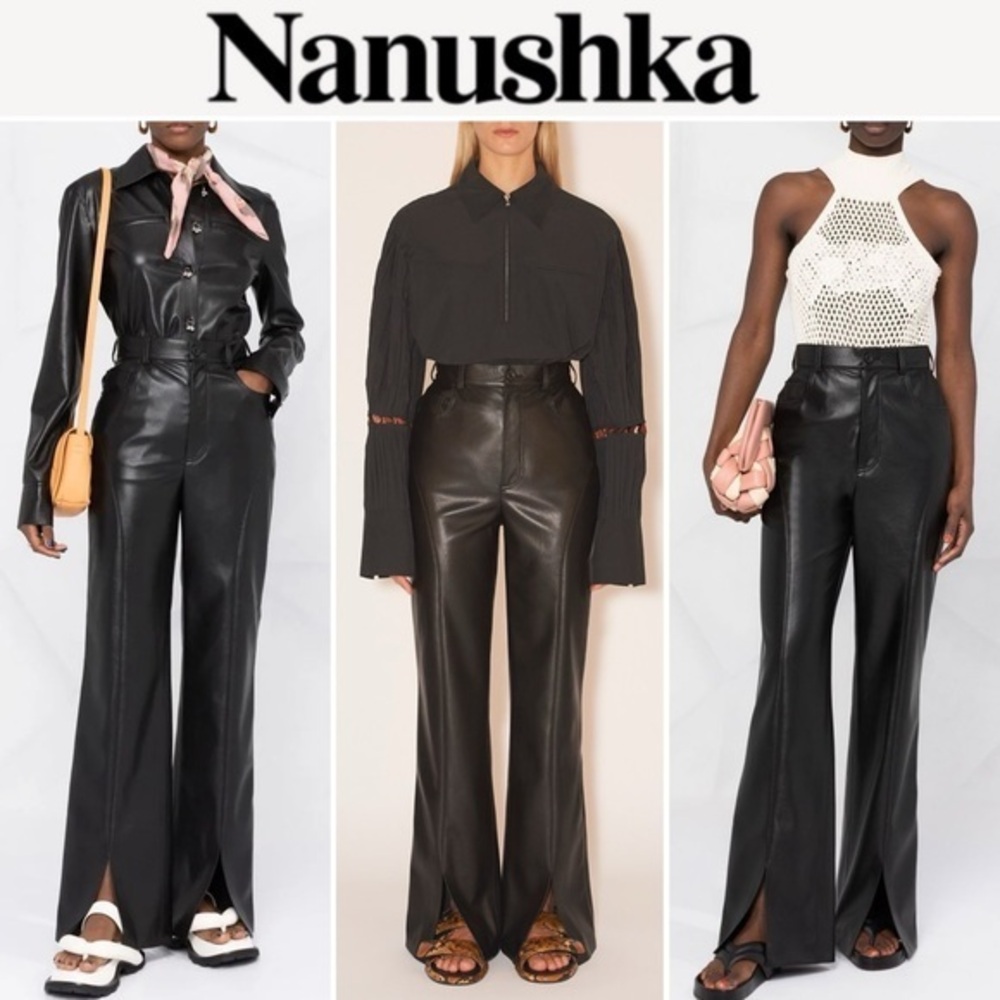 Nanushka BASHA Alt-Leather Split Hem Bootcut Trousers in Black sz S NWT 645$
